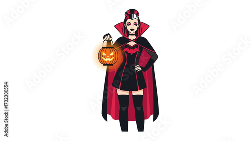 Mysterious Halloween Lady: A captivating female figure, adorned in a dramatic cloak and carrying a glowing Jack-o'-lantern, stands as an icon of Halloween spirit. Her confident posture.