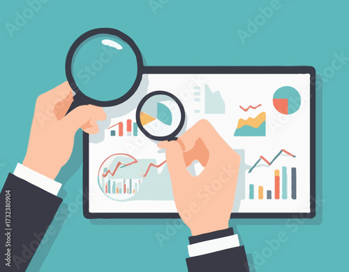 Hands holding magnifying glass for data analysis