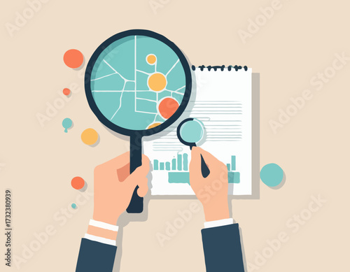 Hands holding magnifying glass for data analysis