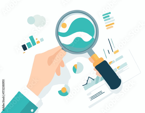 Hands holding magnifying glass for data analysis