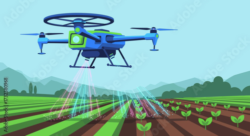 Blue drone spraying crops in a field with advanced technology.