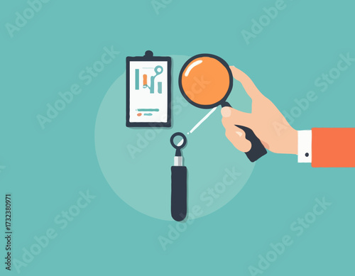Hands holding magnifying glass for data analysis