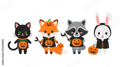 Halloween Critter Parade: A whimsical illustration showcases a charming group of costumed animals, each sporting unique Halloween attire. A fun.