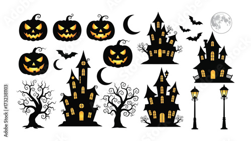 Halloween Silhouette Illustration: A captivating ensemble of Halloween-themed vector illustrations, featuring grinning pumpkin lanterns, haunted house, spooky tree, bat, and the moon.
