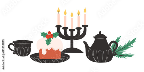 Christmas table with traditional sweet pie and hot drinks for festive holiday celebration