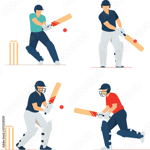 Minimal Flat Cricket Batsmen Icons.
