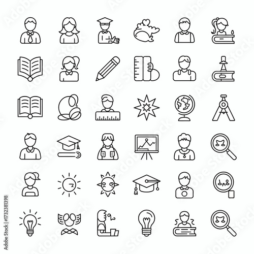 Set of 50 different black learning and education vector icons for scalable illustrations silhouette white background