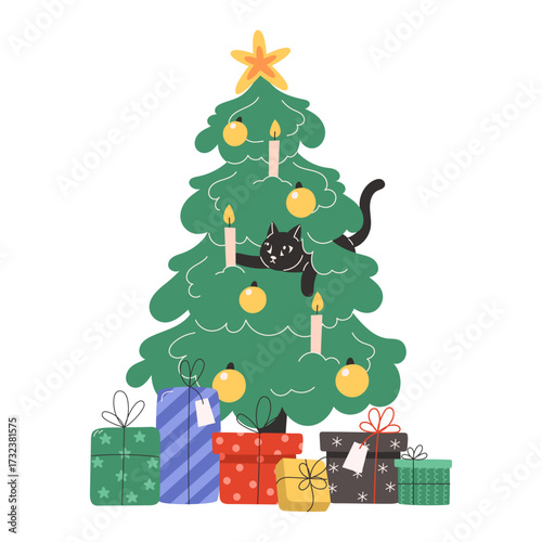 Domestic cat playing with Christmas tree and gifts for festive holiday greeting card