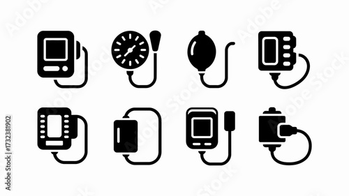 Collection of medical blood pressure monitor icons silhouette vector graphics for health and wellness applications silhouette white background