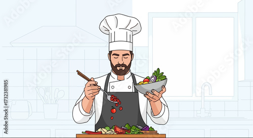 Chef tasting a delicious salad with a spoon.