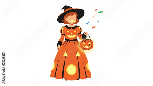 Enchanting Halloween: A young person dressed in an orange pumpkin costume, holding a glowing pumpkin lantern, ready to experience the spellbinding magic of Halloween.