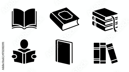 Set of six solid black silhouette book icons vector illustration scalable for digital design silhouette white background