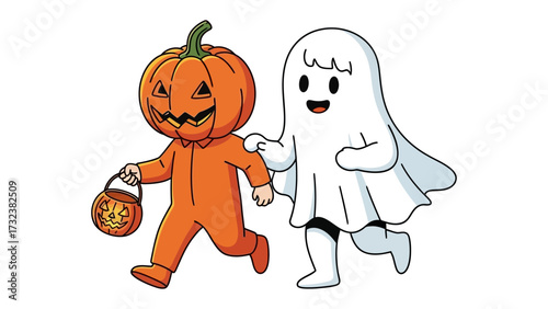 Friendly Halloween companions: Two playful figures, a pumpkin-headed character and a cheerful ghost, stroll together during the holiday, emanating spooky cheer.