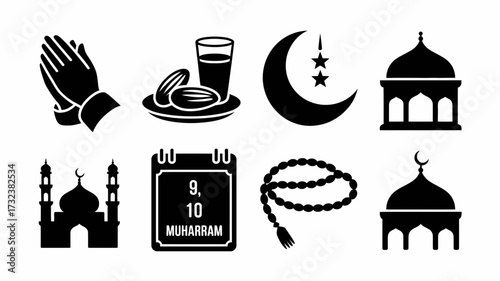 Set of ten islamic silhouette icons vector graphics scalable eps for religious and cultural themes silhouette white background