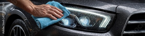 Man cleaning car headlights with a cloth in a garage during the daytime, focusing on detail and shine