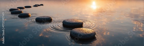 Stone path across water with golden light. Stepping stones leading to sunset reflection