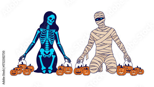 Halloween Duo with Pumpkin: a pair of playfully dressed Halloween characters, one a skeletal figure, and the other a mummified being, happily presented with a set of carved jack-o'-lantern pumpkins.