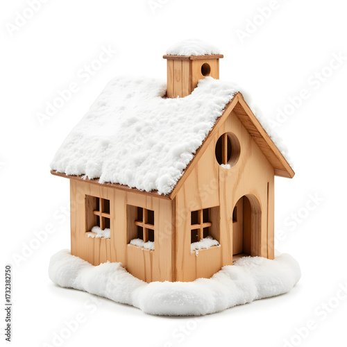 Snowy wooden house ornament on white background, holiday decor