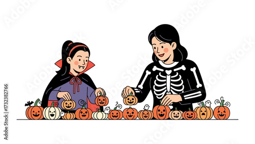 Spooky Season Crafts: A child dressed as a vampire and another as a skeleton are happily crafting miniature pumpkins together, embodying the essence of spooky and creative Halloween fun.