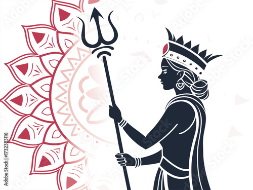 Durga Line Art with Trident and Crown