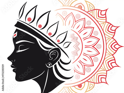 Black Silhouette Durga with Crown Vector