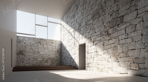 Wallpaper Mural Modern Minimalist Interior with Stone Masonry Walls, Skylight Windows and Sunlight Shadows. AI generative Torontodigital.ca
