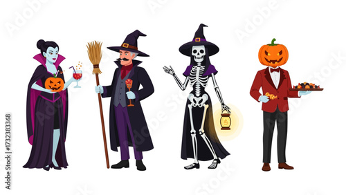 Halloween Costume Parade: A vibrant illustration of four unique Halloween costumes, each representing iconic spooky characters, ready for trick-or-treating or a costume party. 