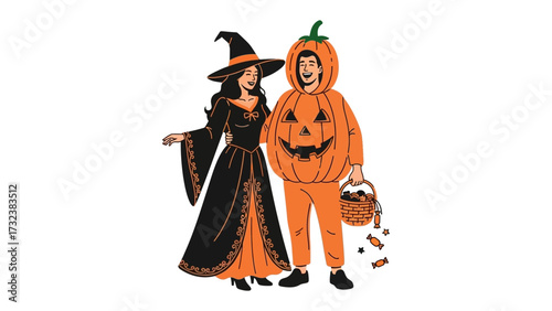 Enchanting Halloween Couple: A charming illustration of a witch and pumpkin character. Embracing the spooky spirit of Halloween, this delightful image captures a blend of classic and fun elements.
