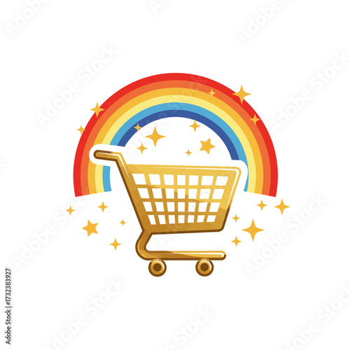 Golden shopping cart icon against a vibrant rainbow backdrop surrounded by twinkling stars, concept for retail promotion, online marketplace, and consumer goods advertising