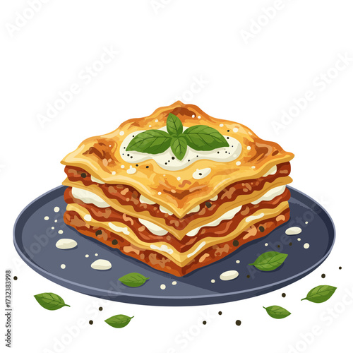 Deliciously illustrated lasagna slice adorned with fresh basil served on a dark blue plate, concept for restaurant menus, culinary illustrations and gastronomic designs
