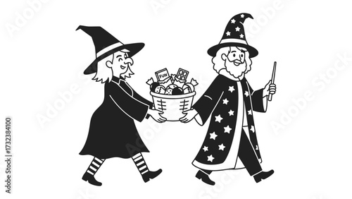 Magician and Witch collaboration: A classic illustration showing a wise magician and a playful witch, sharing a basket of magical gifts, their faces filled with glee.