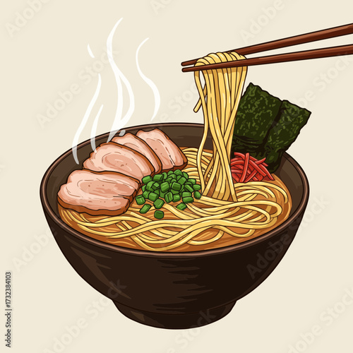 Illustration of a bowl of steaming ramen noodles with pork slices, seaweed, and toppings, concept for menu illustration, food blogging, and culinary art