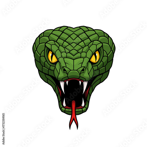 A vibrant green snake head with piercing yellow eyes and a red tongue is displayed. Concept for mascot emblem, dangerous wildlife representation and predatory animal symbol