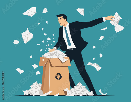 Businessman throwing crumpled paper to trash