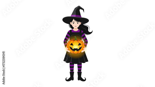 The Enchanting Halloween Witch: An enchanting young witch, adorned in a traditional witch hat, stands holding a glowing jack-o'-lantern, capturing the magic and mystery of Halloween.