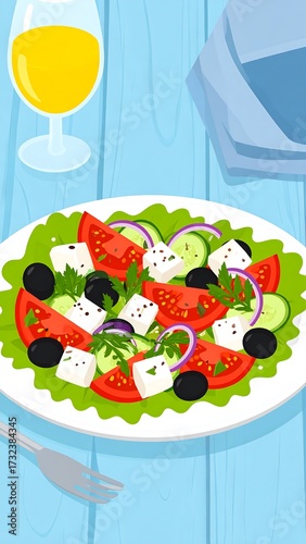Colorful Greek salad on a plate, with a glass of drink and napkin