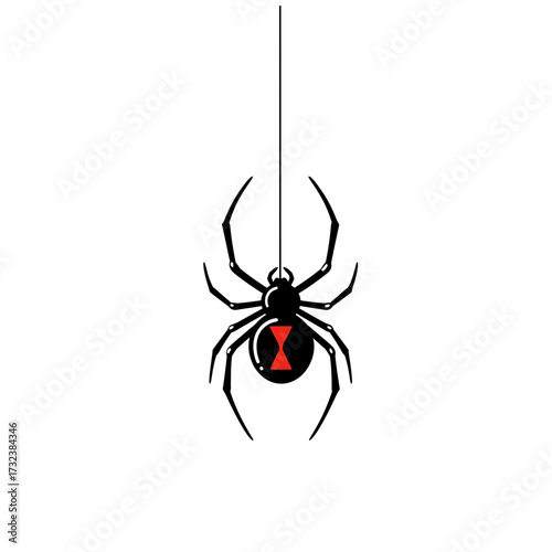 Isolated black widow spider hangs from a single strand, featuring a red hourglass marking on its abdomen. Concept for danger imagery, pest control, and arachnid studies