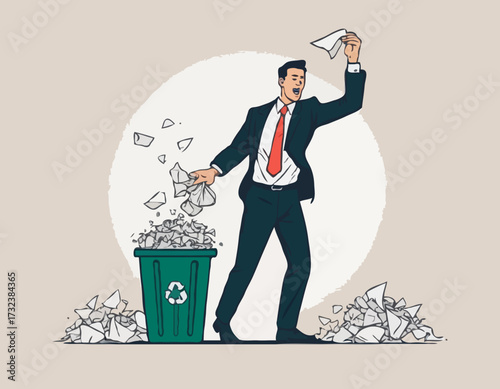 Businessman throwing crumpled paper to trash