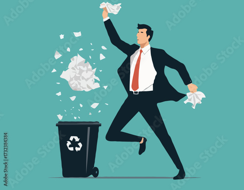 Businessman throwing crumpled paper to trash