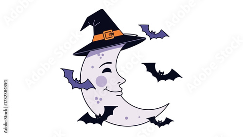 Moon in a Witch Hat: The serene moon dons a whimsical witch hat, framed by shadowy bats, conjuring the playful spirit of Halloween.