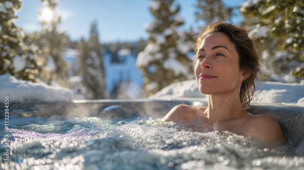 Obraz premium Woman leaning back in warm outdoor hot tub, snow surrounding the tub, pine trees dusted with snow in background, winter sunlight illuminating steam and water surface