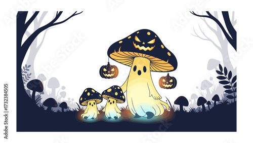 Whimsical Halloween Mushroom Family: An enchanting illustration depicting a ghostly mushroom family frolicking in a shadowy, fantastical forest setting.