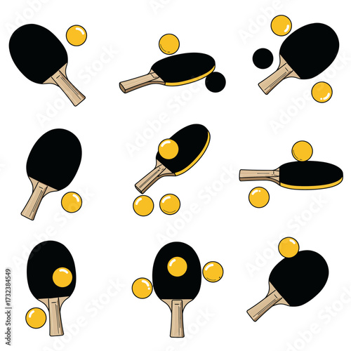 Various ping pong paddles and balls arranged on a white surface, concept for game illustration, sport equipment, and recreational activity