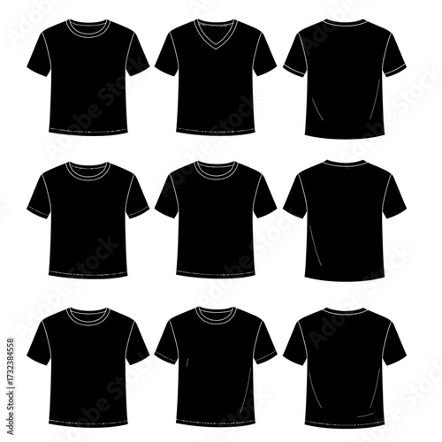 Collection of black t-shirt templates with various necklines displayed from front and back views. Concept for apparel design, fashion presentation and garment creation