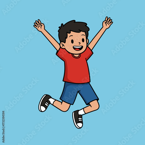 Excited cartoon boy jumps cheerfully with arms raised against a clear light blue background. Concept for children's illustration, educational material and joyful character design