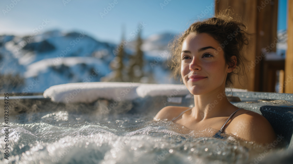 Fototapeta premium Close-up of woman relaxing in outdoor hot tub, snow-covered deck and mountains around, steam rising from warm water, crisp winter air contrasting cozy warmth