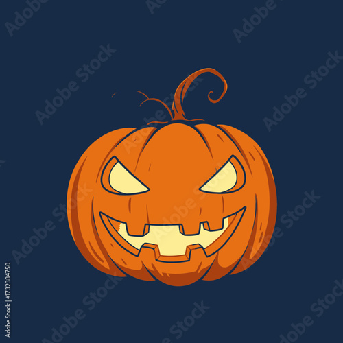 Cartoon drawing of a spooky orange Halloween pumpkin with glowing yellow eyes and a toothy grin on a dark blue background, concept for holiday decorations, spooky themes and autumn celebration designs