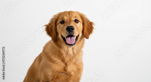Cachorro golden retriever feliz posa con pelaje brillante bajo luz suave sobre fondo blanco puro