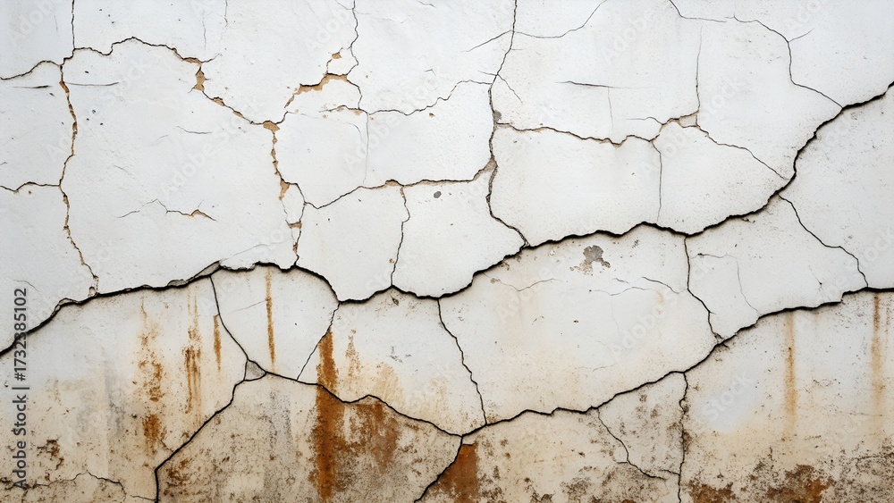 Obraz premium An old white wall shows significant damage with many deep cracks spreading across its rough textured surface and weathered brown stains.