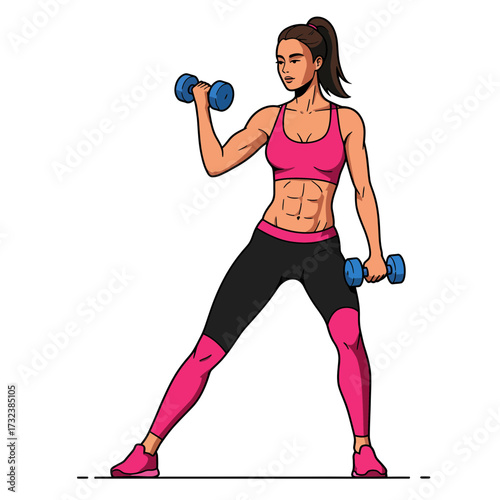 Athletic woman with defined abs lifting dumbbells in pink sports bra and leggings, showcasing strength. Concept for fitness motivation, gym advertising and personal training